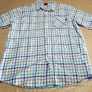 Ecko Unltd Men Button Up Shirt White Blue Size 2XB Short Sleeve Plaid